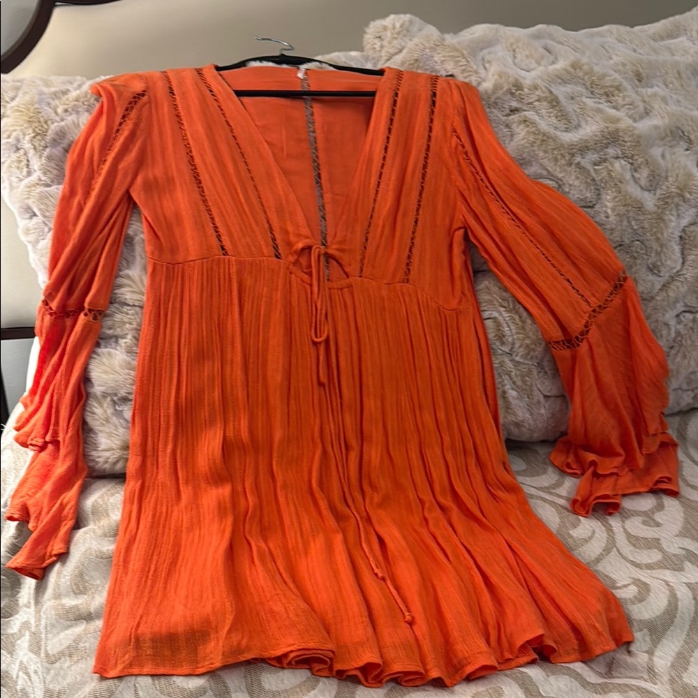 Free People Orange Long Sleeve Pleated Tunic